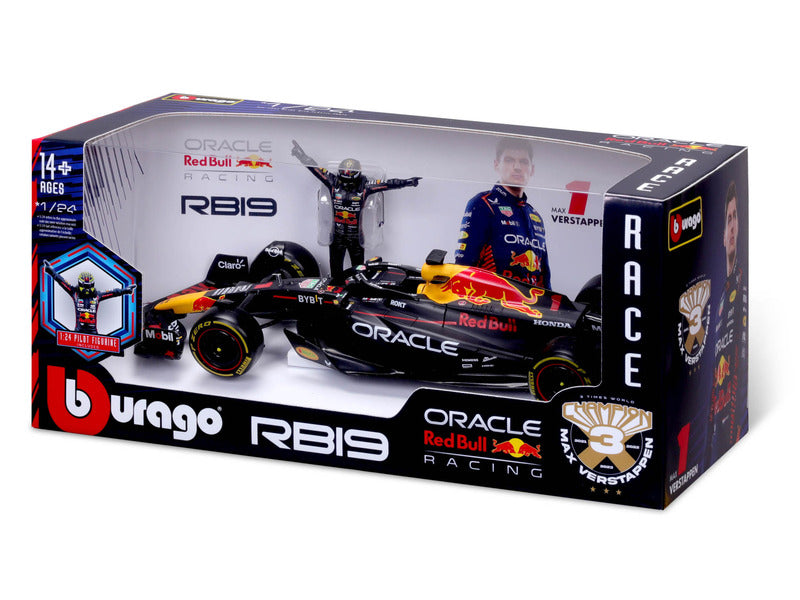 Coche modelo de Red Bull Racing, BBURAGO, Max Verstappen, #1, 1:24, RB19, con piloto