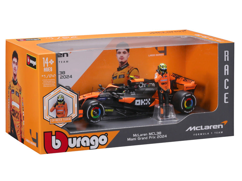 coche modelo McLaren, bburago, Lando Norris, 1:24, #4, MCL38, con piloto