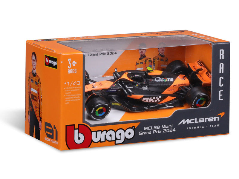 Coche modelo McLaren, Bburago, Lando Norris, decoración de Miami, MCL38 🔥