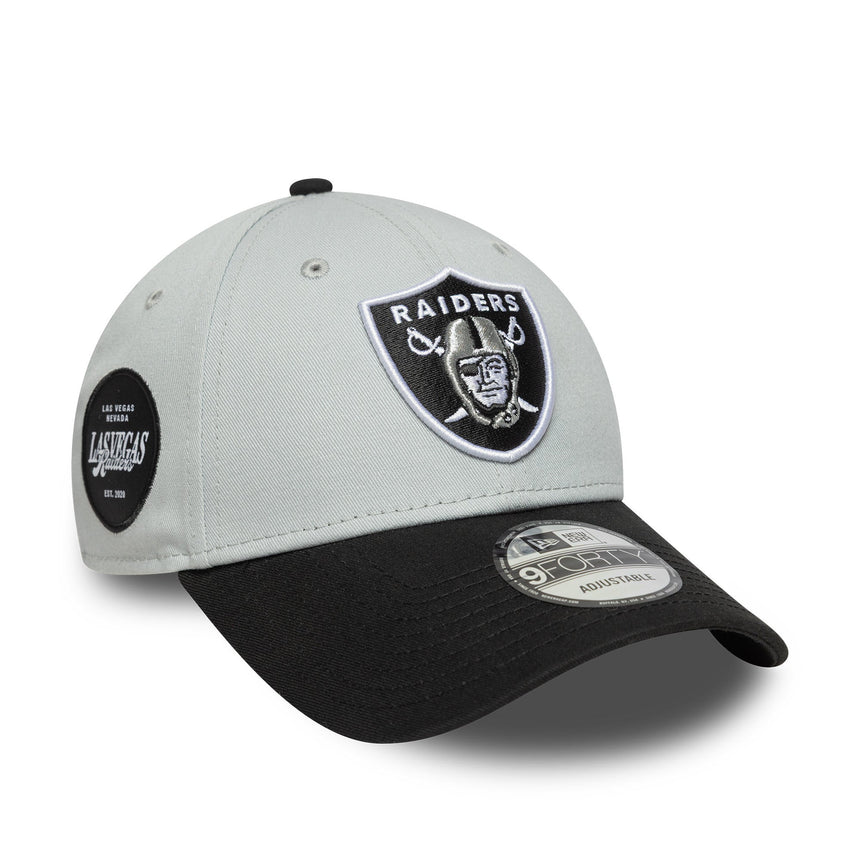 Gorra de los Raiders de Las Vegas, emblema de dos tonos, New Era, 9FORTY, parche lateral, negro-blanco