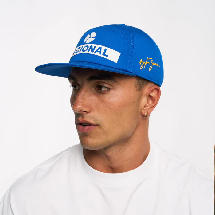 gorra Ayrton Senna, Nacional, original 1984, con estuche rígido de tela, azul