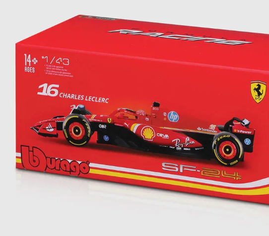 Coche modelo Ferrari, Charles Leclerc, SF-24, caja acrílica, bburago, rojo