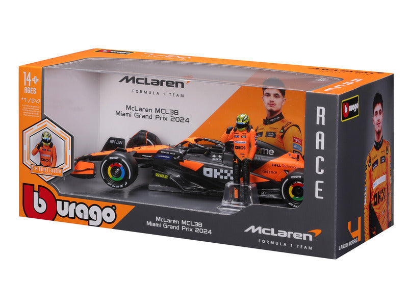 coche modelo McLaren, bburago, Lando Norris, 1:24, #4, MCL38, con piloto