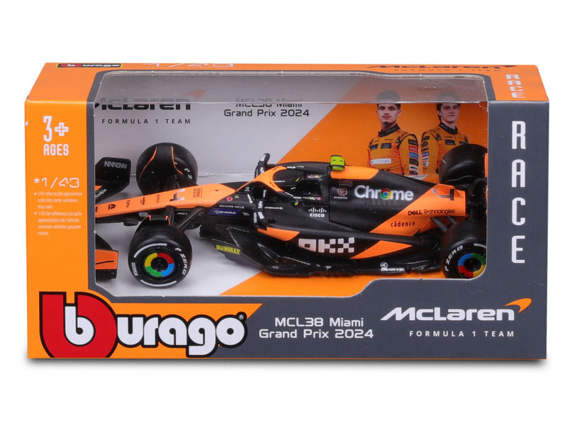 Coche modelo McLaren, Bburago, Lando Norris, decoración de Miami, MCL38 🔥