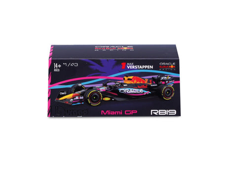 Modelo de coche de F1 de Red Bull Racing, con casco, RB19, bburago, 1:43, versión Miami, Max Verstappen #1