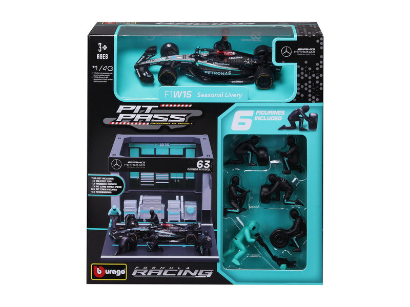 Kit de modelismo de Mercedes, pase de pits, BBurago, escala 1:43, George Russell, Nº 63, W15 E