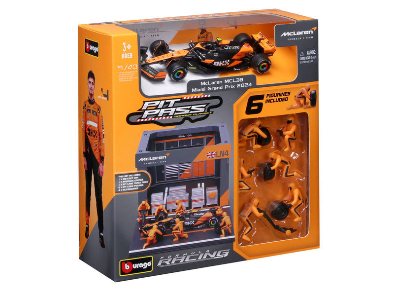 McLaren maqueta de coche, pase de pits, bburago, 1:43, Lando Norris, #4, MCL38