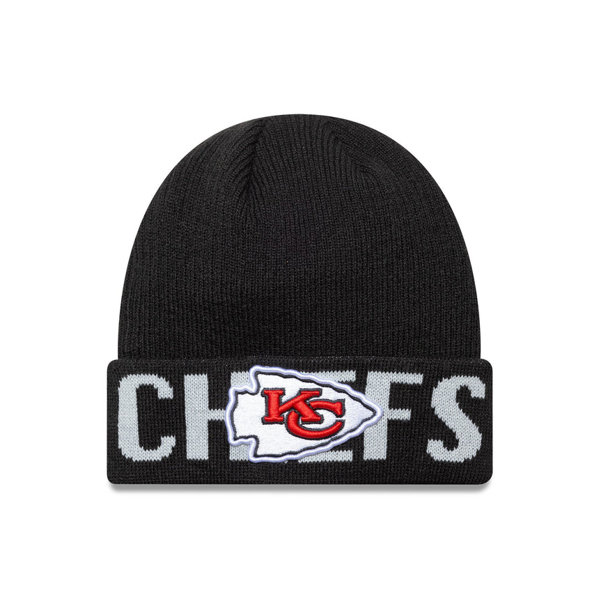 Gorro beanie de Kansas City Chiefs, logotipo de palabras, New Era, negro
