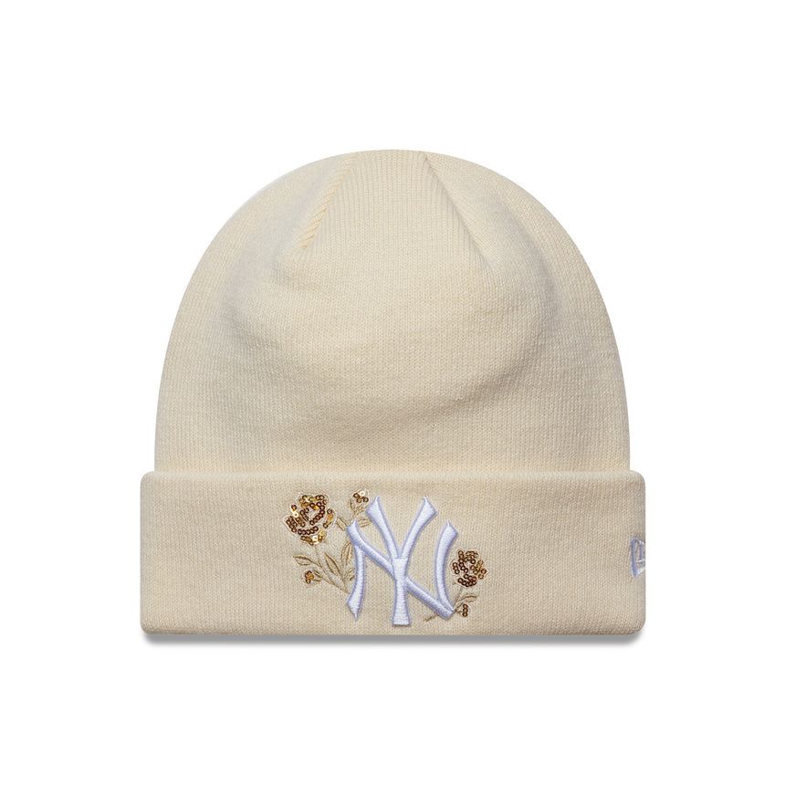 Gorro beanie de los New York Yankees, rosa con lentejuelas, para mujer, New Era, color crema