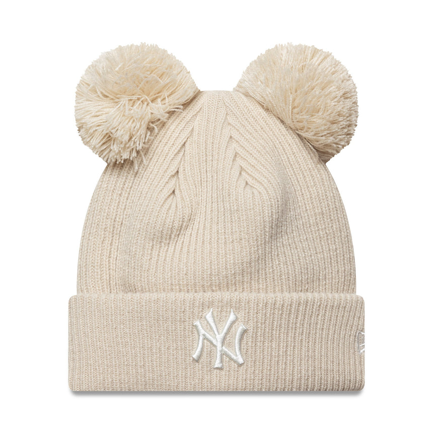 Gorro beanie de los Yankees de Nueva York, con doble pompón, para mujer, liso, New Era, beige