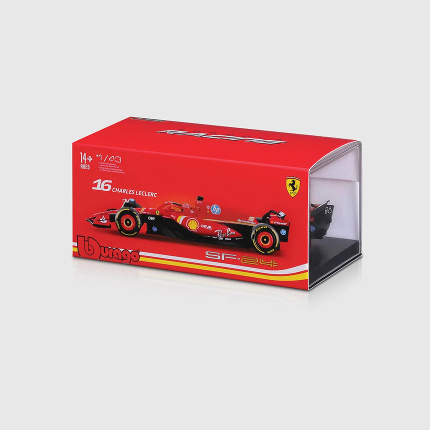 Coche modelo Ferrari, Charles Leclerc, SF-24, caja acrílica, bburago, rojo