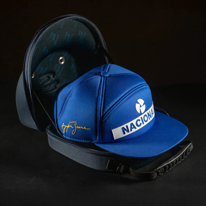 gorra Ayrton Senna, Nacional, original 1984, con estuche rígido de tela, azul