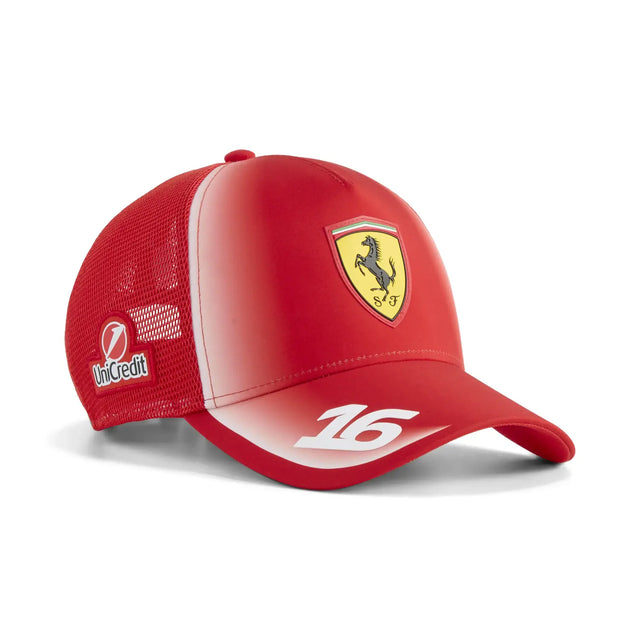 Gorra trucker Ferrari, equipo, Charles Leclerc, Puma, roja
