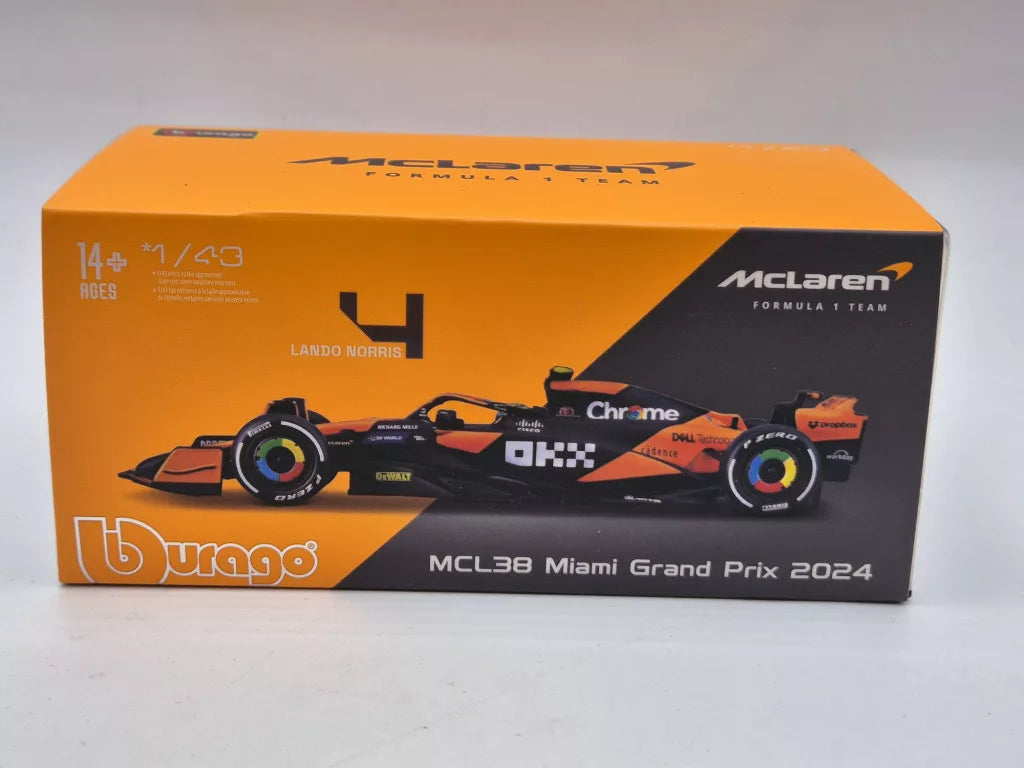 Coche modelo McLaren, Bburago, Lando Norris, decoración de Miami, caja acrílica, MCL38 🔥