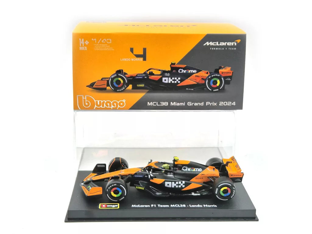 Coche modelo McLaren, Bburago, Lando Norris, decoración de Miami, caja acrílica, MCL38 🔥